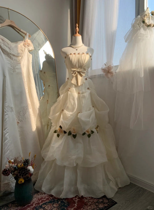 Ivory White Floral Long Floor Length Tulle Ball Gown Evening Gown Wedding Dress gh4547