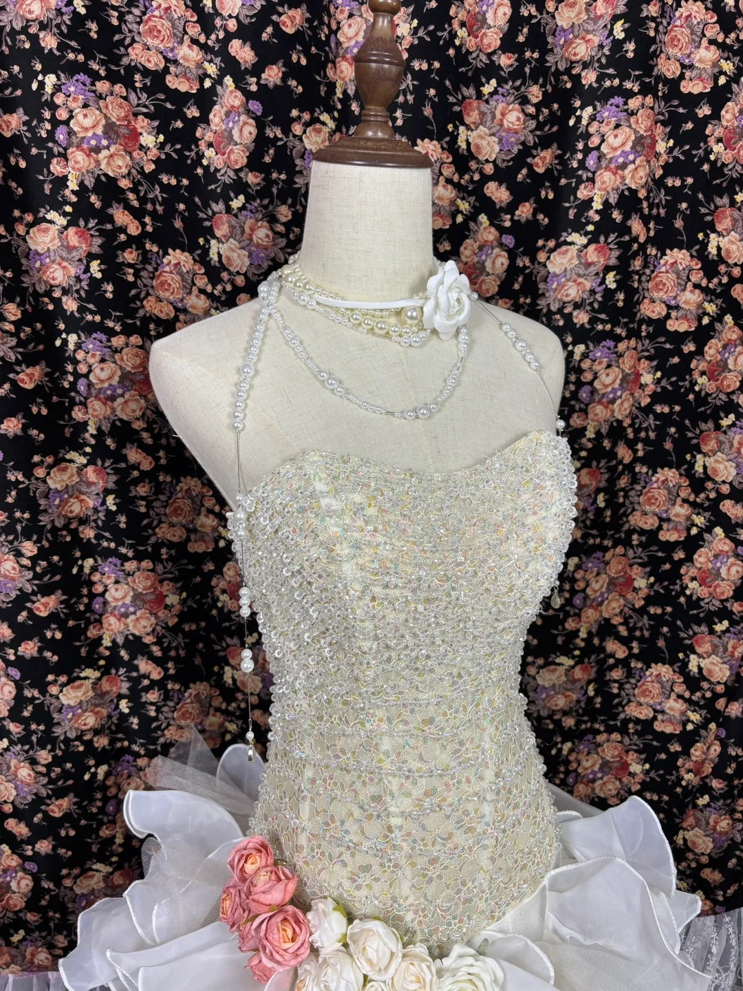 Vestido de quinceañera de tul estilo retro, sin tirantes, con apliques de flores 3D, corte A, TP3791