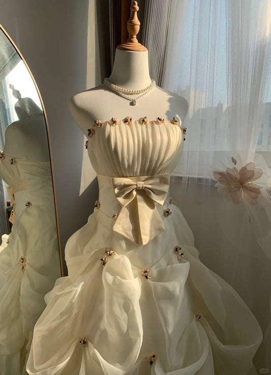 Ivory White Floral Long Floor Length Tulle Ball Gown Evening Gown Wedding Dress gh4547