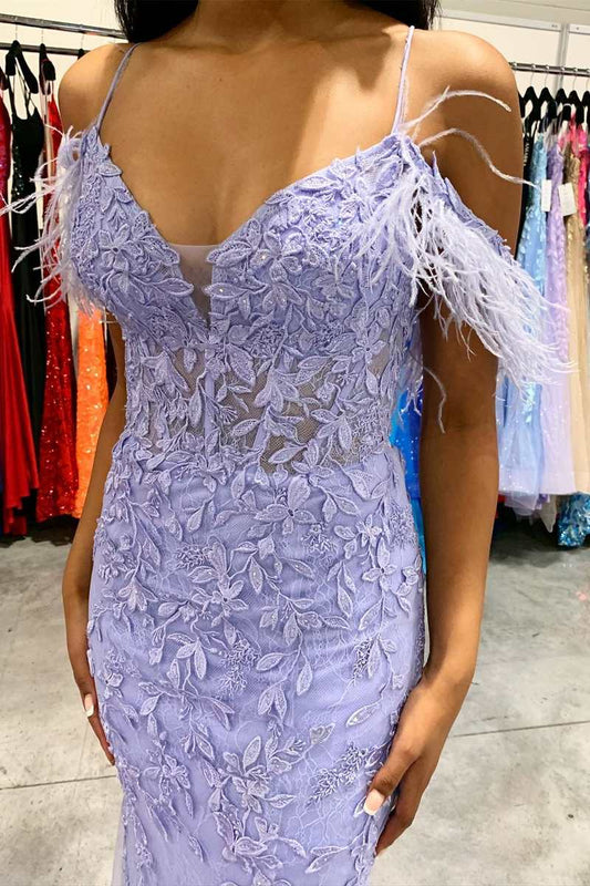 Vestido largo de fiesta de sirena con apliques de plumas color lavanda, vestidos de noche para bodas formales
