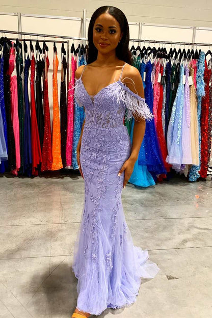 Vestido largo de fiesta de sirena con apliques de plumas color lavanda, vestidos de noche para bodas formales