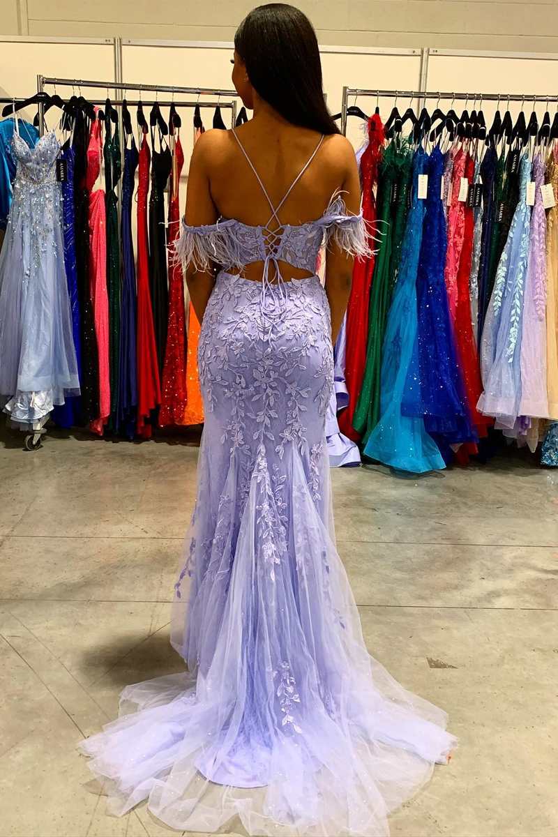 Vestido largo de fiesta de sirena con apliques de plumas color lavanda, vestidos de noche para bodas formales