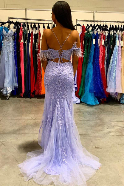 Vestido largo de fiesta de sirena con apliques de plumas color lavanda, vestidos de noche para bodas formales