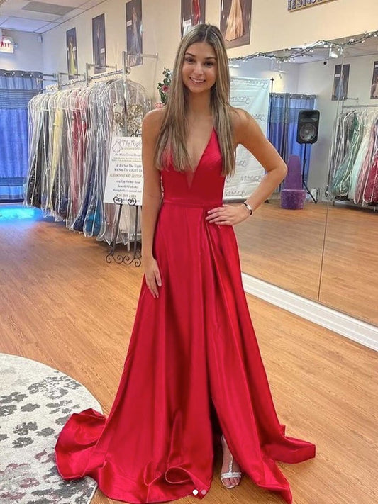 Vestido de fiesta largo de satén con escote en V rojo sencillo, vestido de noche formal dividido para mujer 