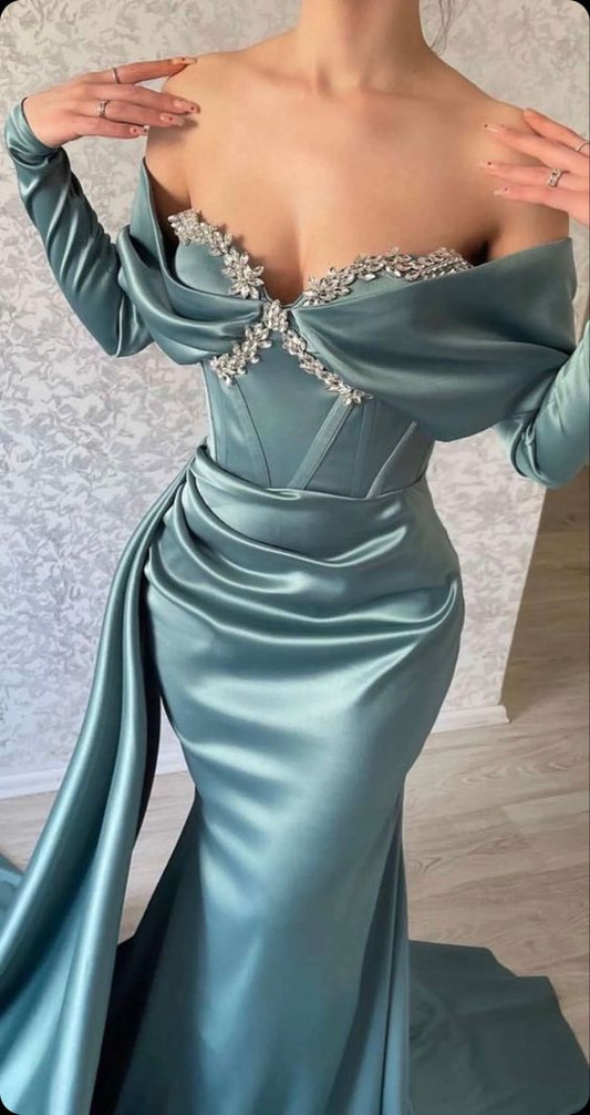 Vestidos de noche de sirena de manga larga, vestido de fiesta sexy con cristales