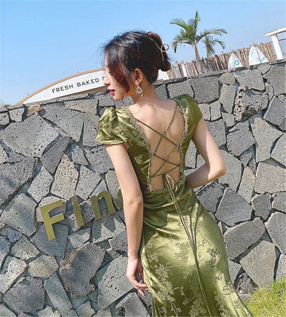 shopuniqlos-Green open back elegant dress, French country style dress, wedding guest dress, prom dress, birthday dress, evening dress, party dress gh5157