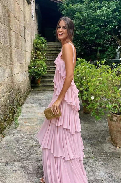 Vestido de fiesta largo de gasa con tirantes en forma de A y capas, hasta el suelo, color rosa, para noche formal