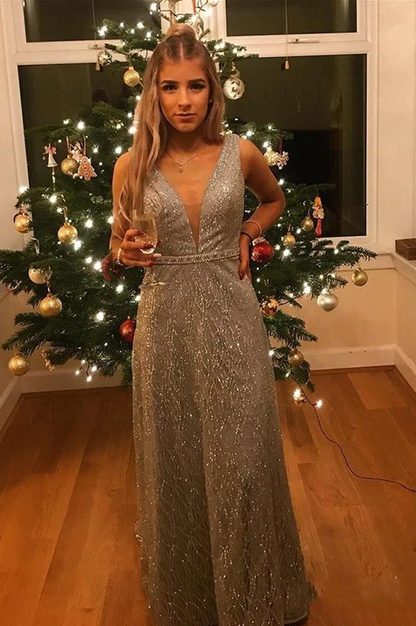 Silver Sequin Long Prom Dress, Shiny A-line Sleeveless Evening Gowns GP291