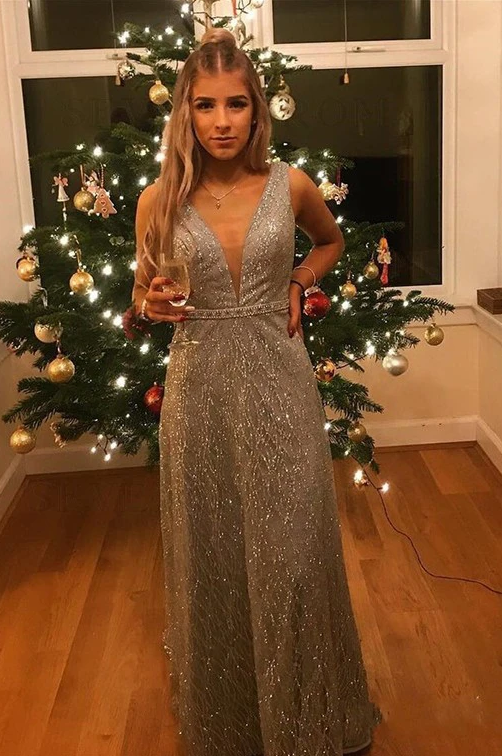 Silver Sequin Long Prom Dress, Shiny A-line Sleeveless Evening Gowns GP291