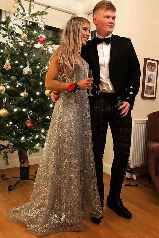 Silver Sequin Long Prom Dress, Shiny A-line Sleeveless Evening Gowns GP291