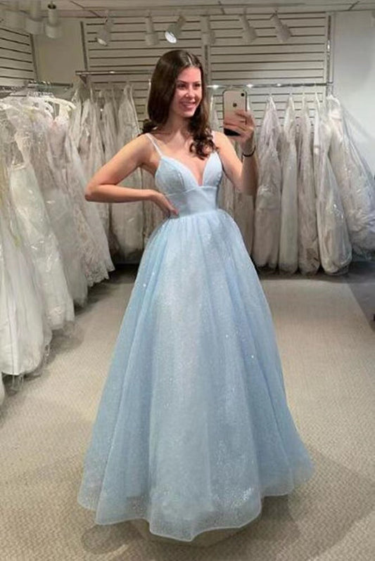 Sparkly A-Line Spaghetti Straps Light Blue Long Prom Dresses GP330