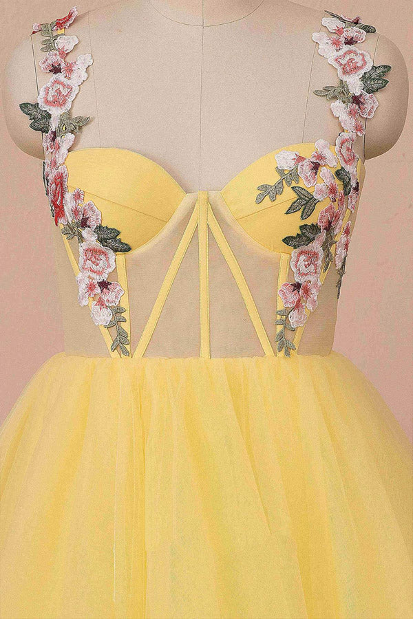 A Line Sweetheart Yellow Tulle Prom Dress Floral Party Dress,WP247