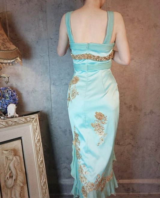 Gorgeous Sheath Strap Appliques Sequin Beaded Blue Satin Prom Dress Evening Dress SH2669
