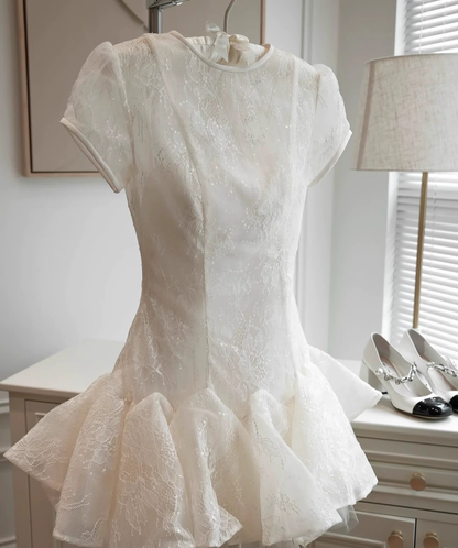 White Applique Design A-line Lace Short-sleeved  Party Dress Homecoming Dresses TP3939