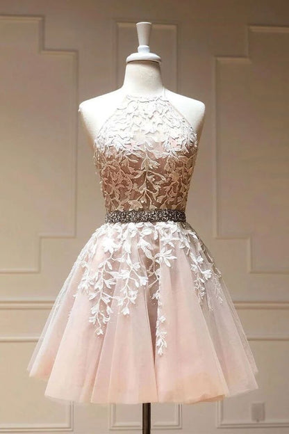 Vestido de fiesta corto de tul con encaje y cuentas, corte en A, para regreso a casa