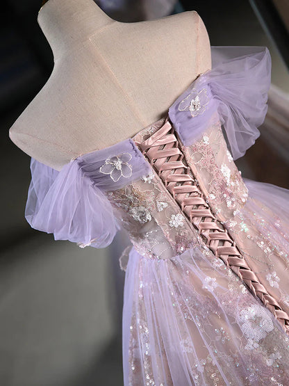 Vintage Light Purple Applique Floral Beaded Off-the-shoulder Design A-line Tulle Party Dress Homecoming Dress TP4059