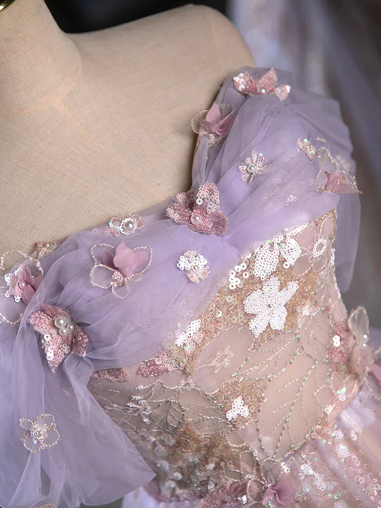 Vintage Light Purple Applique Floral Beaded Off-the-shoulder Design A-line Tulle Party Dress Homecoming Dress TP4059