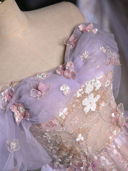 Vintage Light Purple Applique Floral Beaded Off-the-shoulder Design A-line Tulle Party Dress Homecoming Dress TP4059