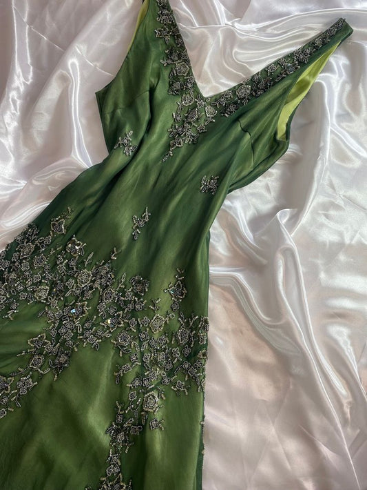 Green Vintage Elegant Delicate Floral  Applique Beaded Long tulle Chiffon Prom Gown Evening Dress Party Dress gh3227