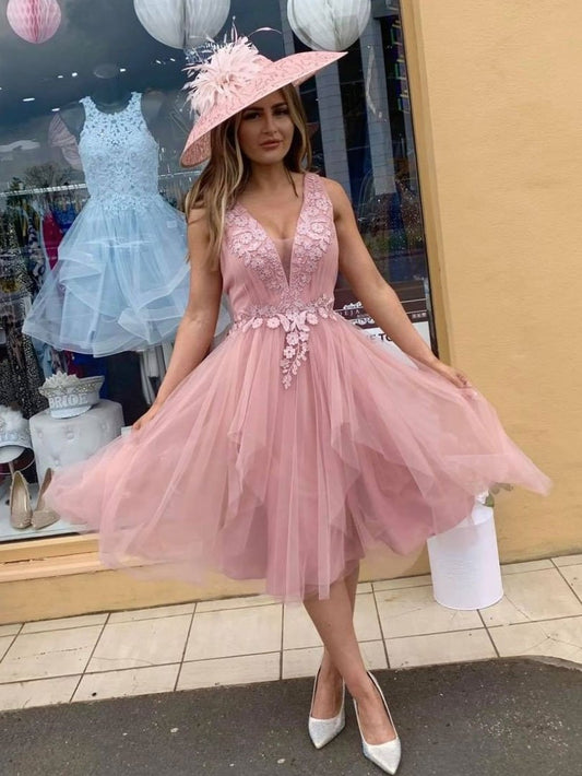 Vestidos de cóctel cortos de tul con escote en V rosa y encaje, vestido formal de encaje sexy 
