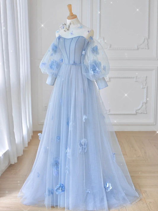 Vestido de fiesta largo de encaje de tul azul, vestido de noche largo de encaje de tul azul