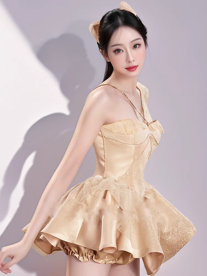 Vestido vintage dorado con cuello halter, corte A, de satén con volantes en el bajo, para fiesta de bienvenida, TP3831