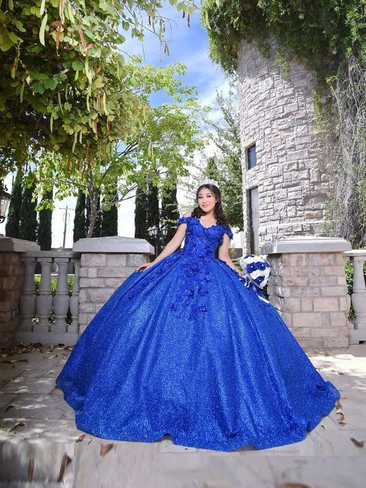 Vestidos de quinceañera con lentejuelas brillantes y apliques 3D, corsé de cuentas azul real, vestido de mascarada XV