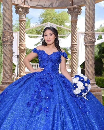 Vestidos de quinceañera con lentejuelas brillantes y apliques 3D, corsé de cuentas azul real, vestido de mascarada XV