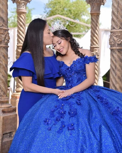 Vestidos de quinceañera con lentejuelas brillantes y apliques 3D, corsé de cuentas azul real, vestido de mascarada XV
