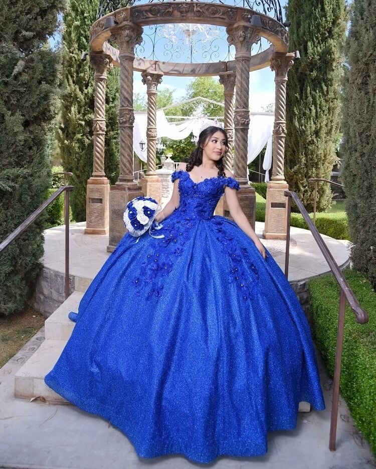 Vestidos de quinceañera con lentejuelas brillantes y apliques 3D, corsé de cuentas azul real, vestido de mascarada XV