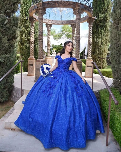 Vestidos de quinceañera con lentejuelas brillantes y apliques 3D, corsé de cuentas azul real, vestido de mascarada XV