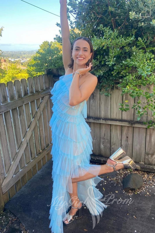 Elegant Blue Halter Prom Dress Ruffled Long Bridesmaid Dress with Slit GP785