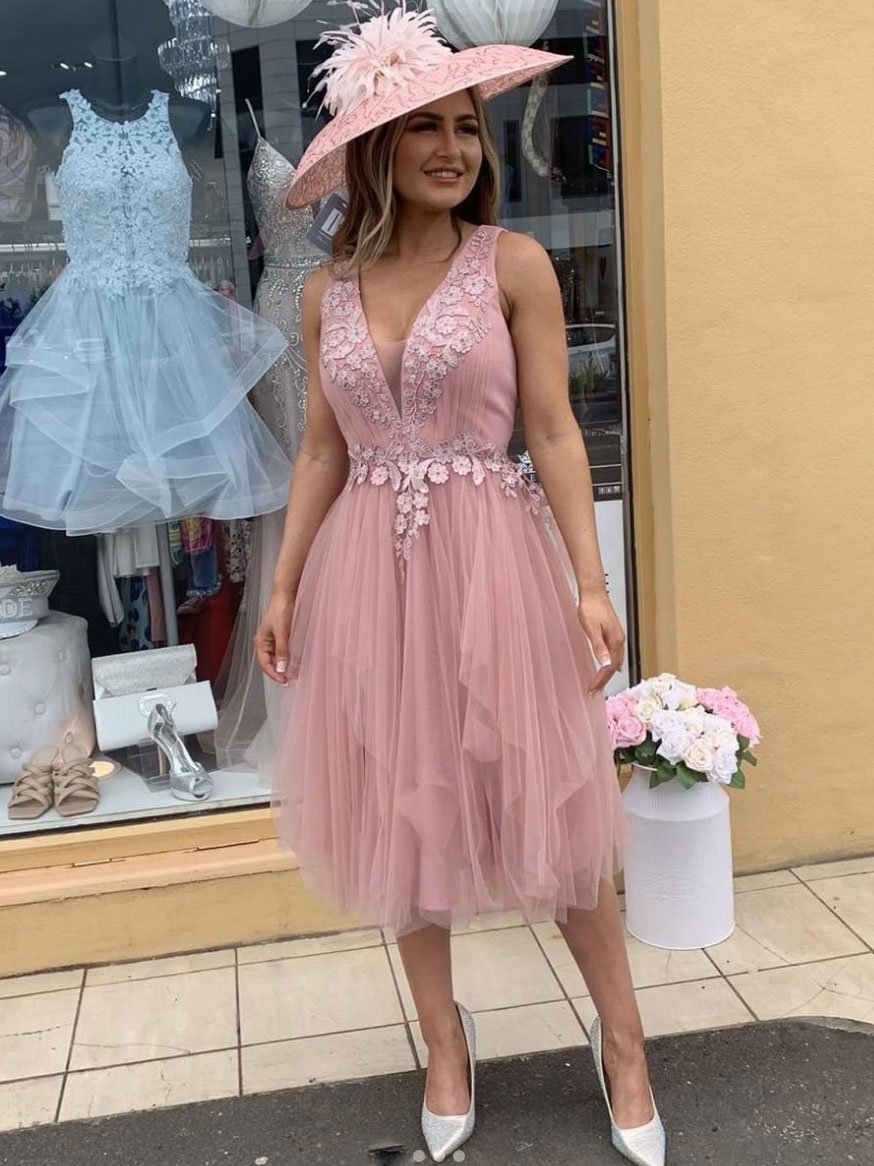 Vestidos de cóctel cortos de tul con escote en V rosa y encaje, vestido formal de encaje sexy 