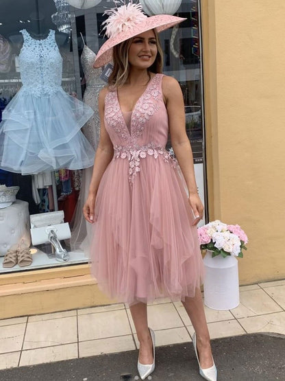Vestidos de cóctel cortos de tul con escote en V rosa y encaje, vestido formal de encaje sexy 