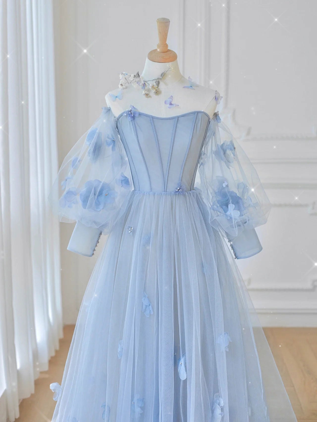 Vestido de fiesta largo de encaje de tul azul, vestido de noche largo de encaje de tul azul