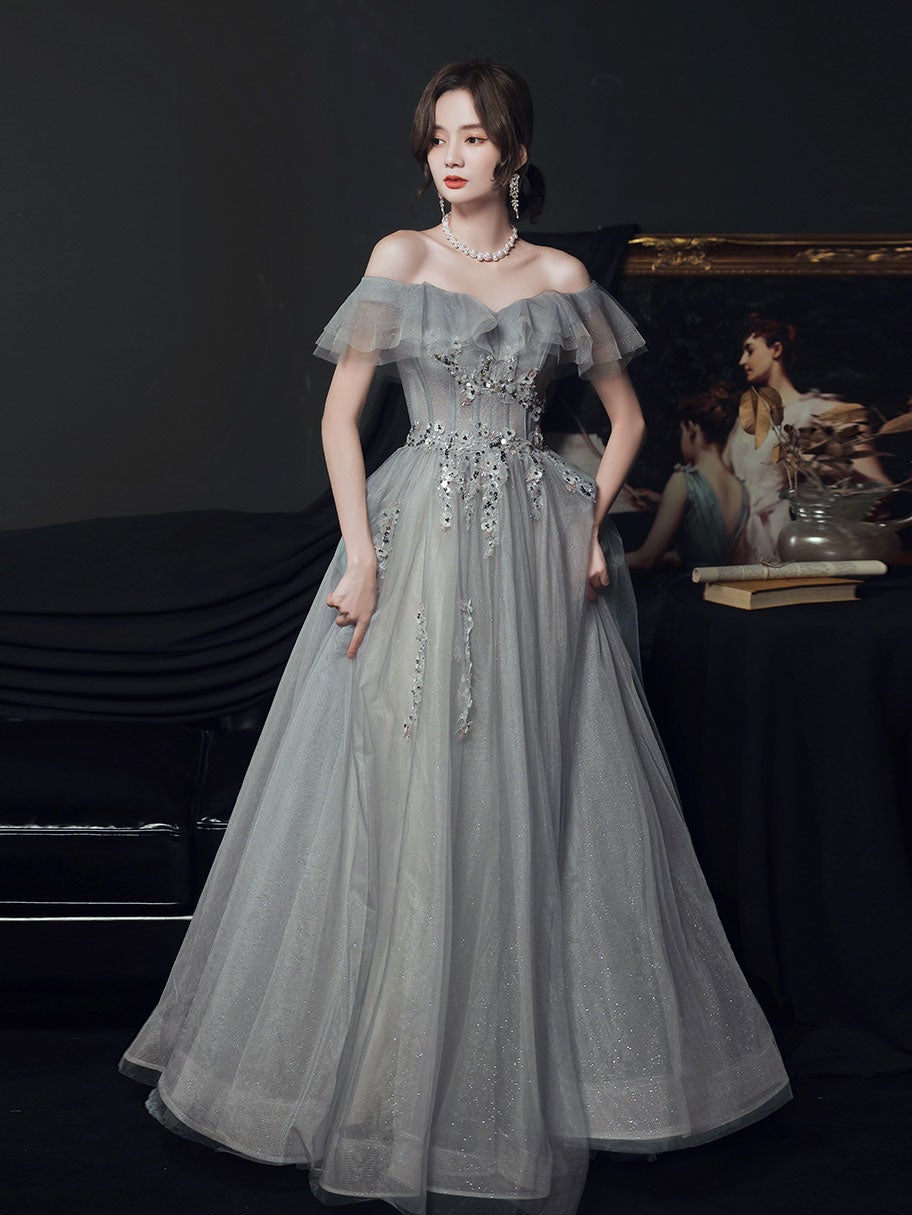 Vestido de fiesta largo de tul gris con hombros descubiertos, vestido formal de tul gris