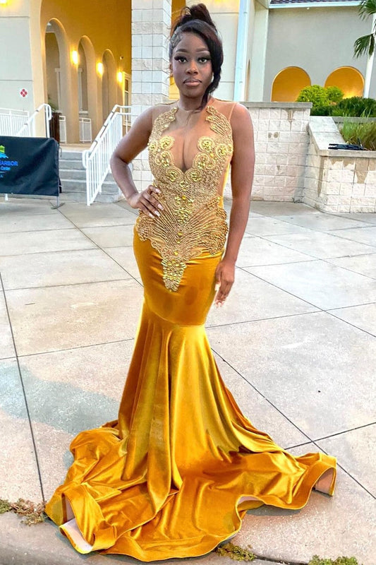 Vestido de fiesta de sirena sin mangas de terciopelo dorado con cola de corte formal largo
