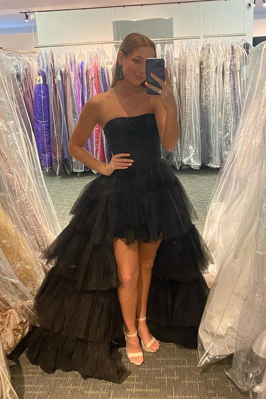 Strapless Black High Low Tulle Prom Dress Formal Evening Gown With Layered GP497