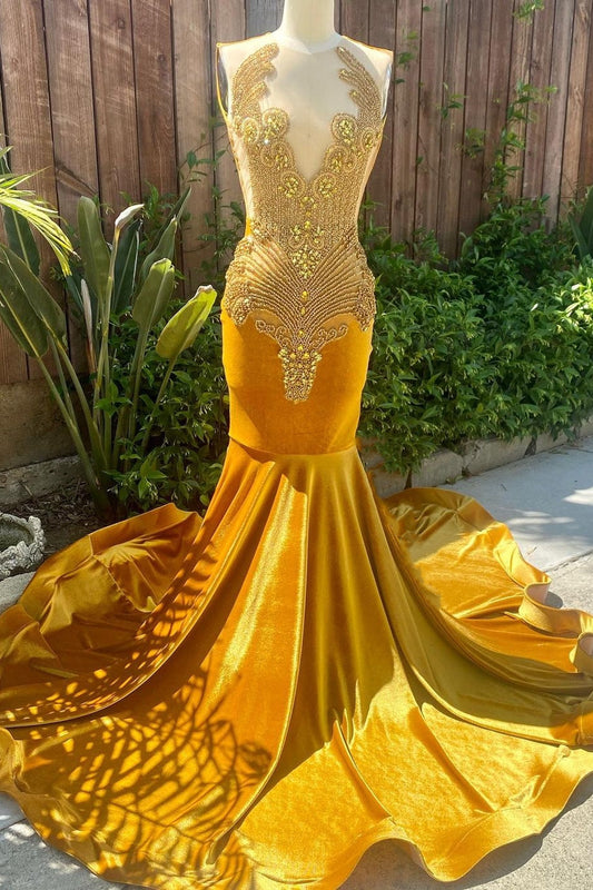 Vestido de fiesta de sirena sin mangas de terciopelo dorado con cola de corte formal largo