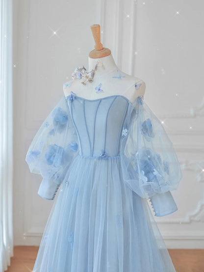 Vestido de fiesta largo de encaje de tul azul, vestido de noche largo de encaje de tul azul