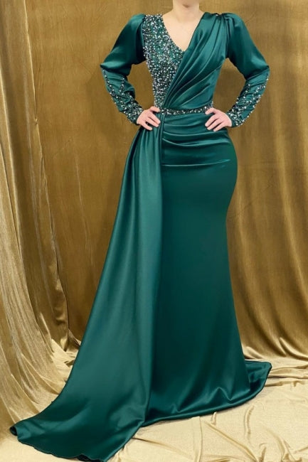 Vestido de fiesta moderno de sirena verde con mangas largas y cuentas