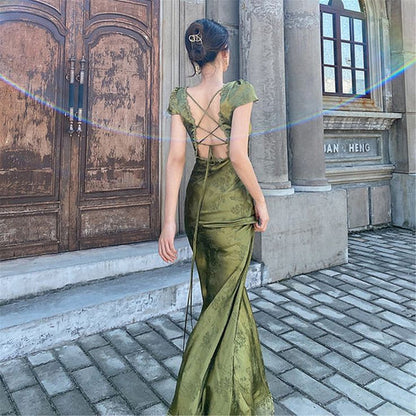 shopuniqlos-Green open back elegant dress, French country style dress, wedding guest dress, prom dress, birthday dress, evening dress, party dress gh5157