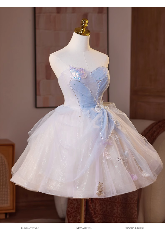 Chic Sequin A-line Sweetheart Tulle Strapless Party Dresses Homecoming Dresses, TP3784