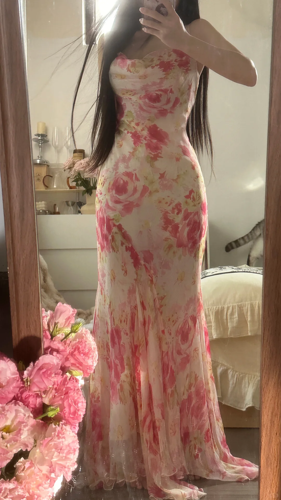 Vestido de noche elegante de gasa con tirantes finos y diseño floral rosa retro TP3990