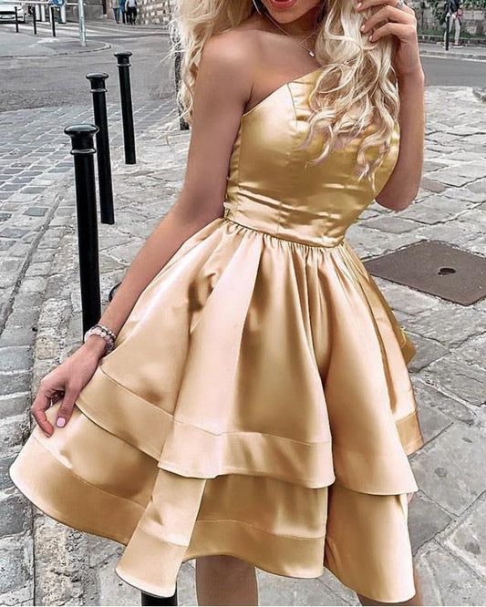 Vestidos de fiesta de un solo hombro con dobladillo con volantes de satén