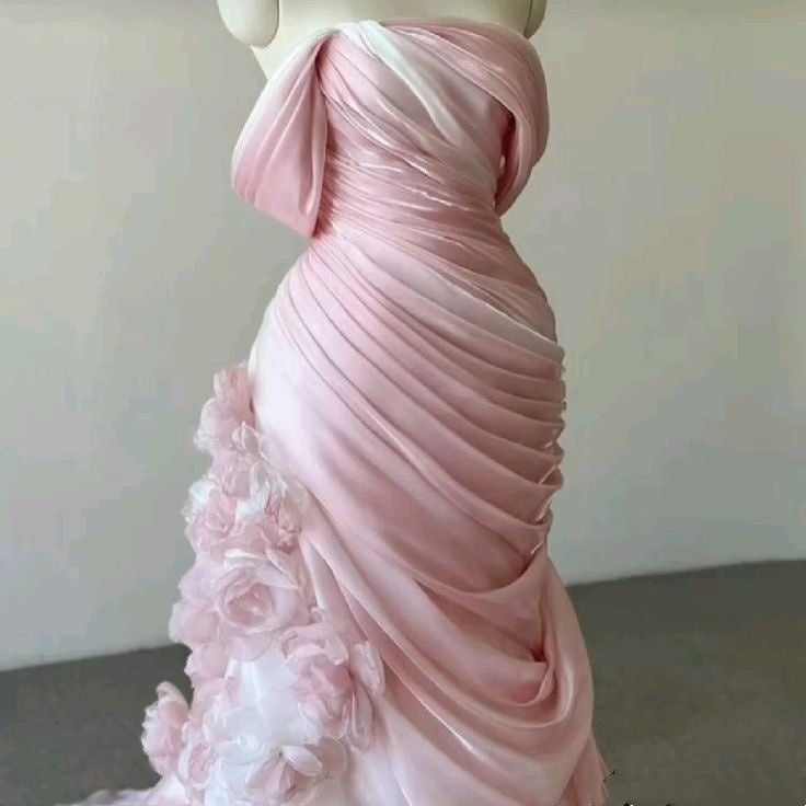 Pink gorgeous exquisite floral mermaid slim strapless long tulle floor-length ball gown evening wedding dress gh3396