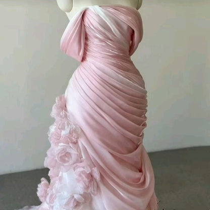 Pink gorgeous exquisite floral mermaid slim strapless long tulle floor-length ball gown evening wedding dress gh3396