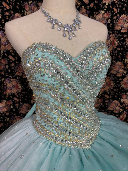 Vestidos de quinceañera de tul con escote corazón, estilo retro, sin tirantes, con cuentas, corte A, TP3790