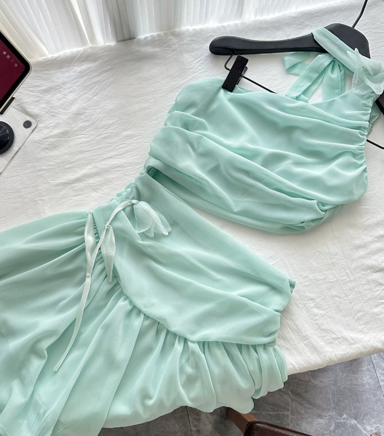 Mint Green A Line Halter Flower Chiffon Short Homecoming Dress Cocktail Dress SH3050