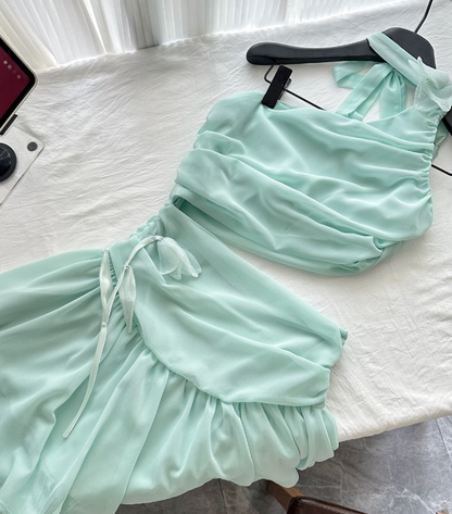 Mint Green A Line Halter Flower Chiffon Short Homecoming Dress Cocktail Dress SH3050